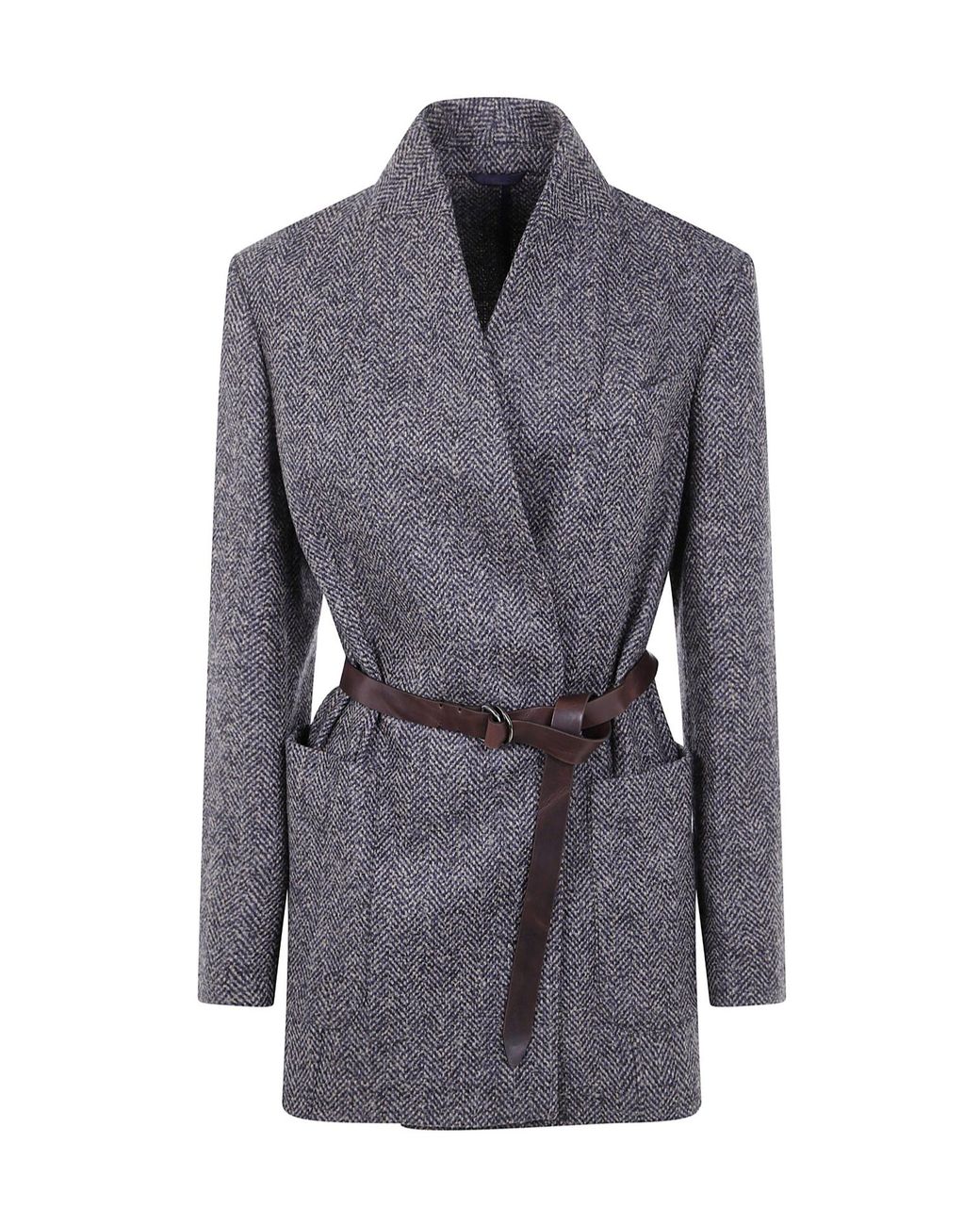 Brunello Cucinelli Gray Herringbone Patterned Belted Jacket