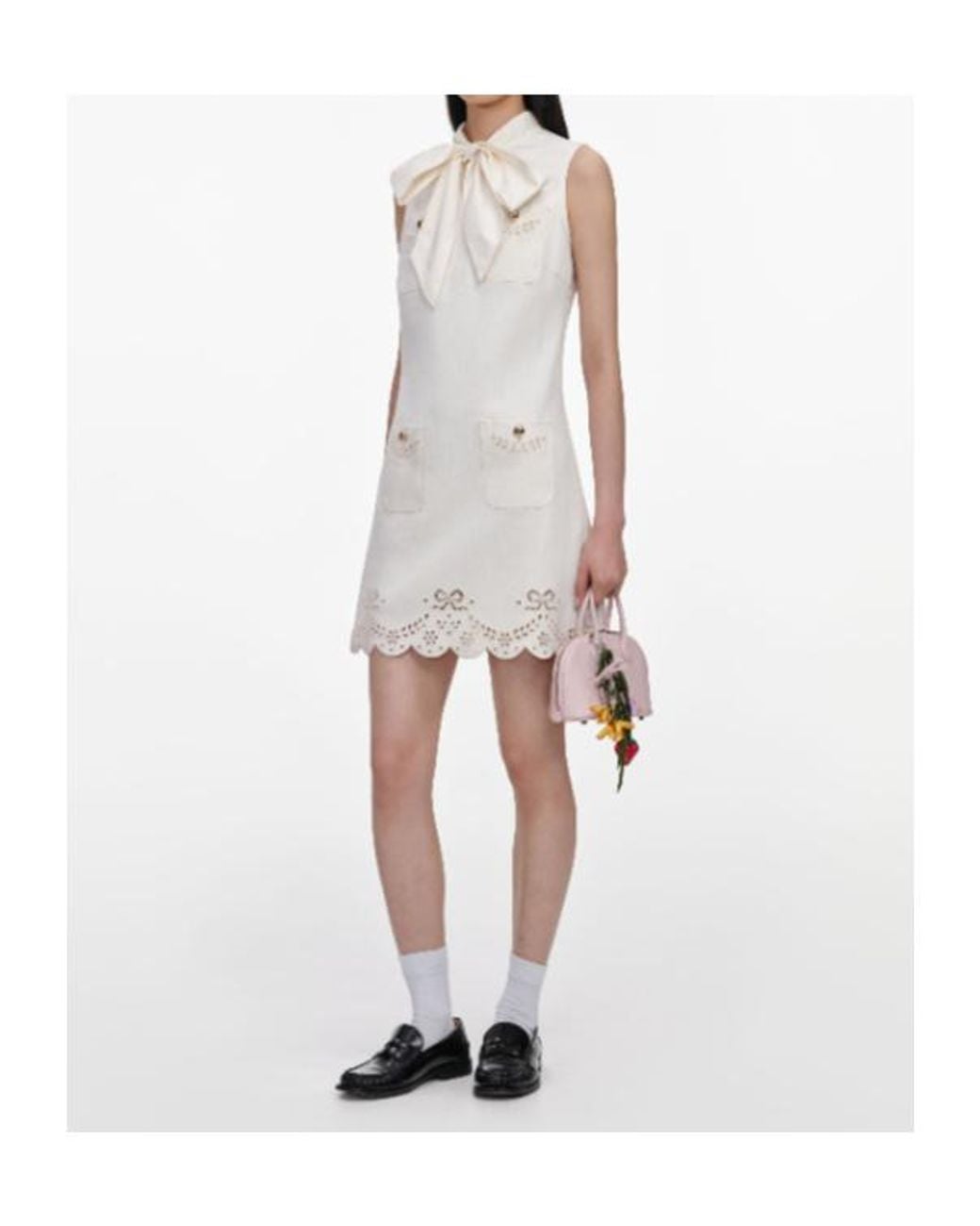 Self-Portrait White Bow-Detail Broderie-Anglaise Mini Dress