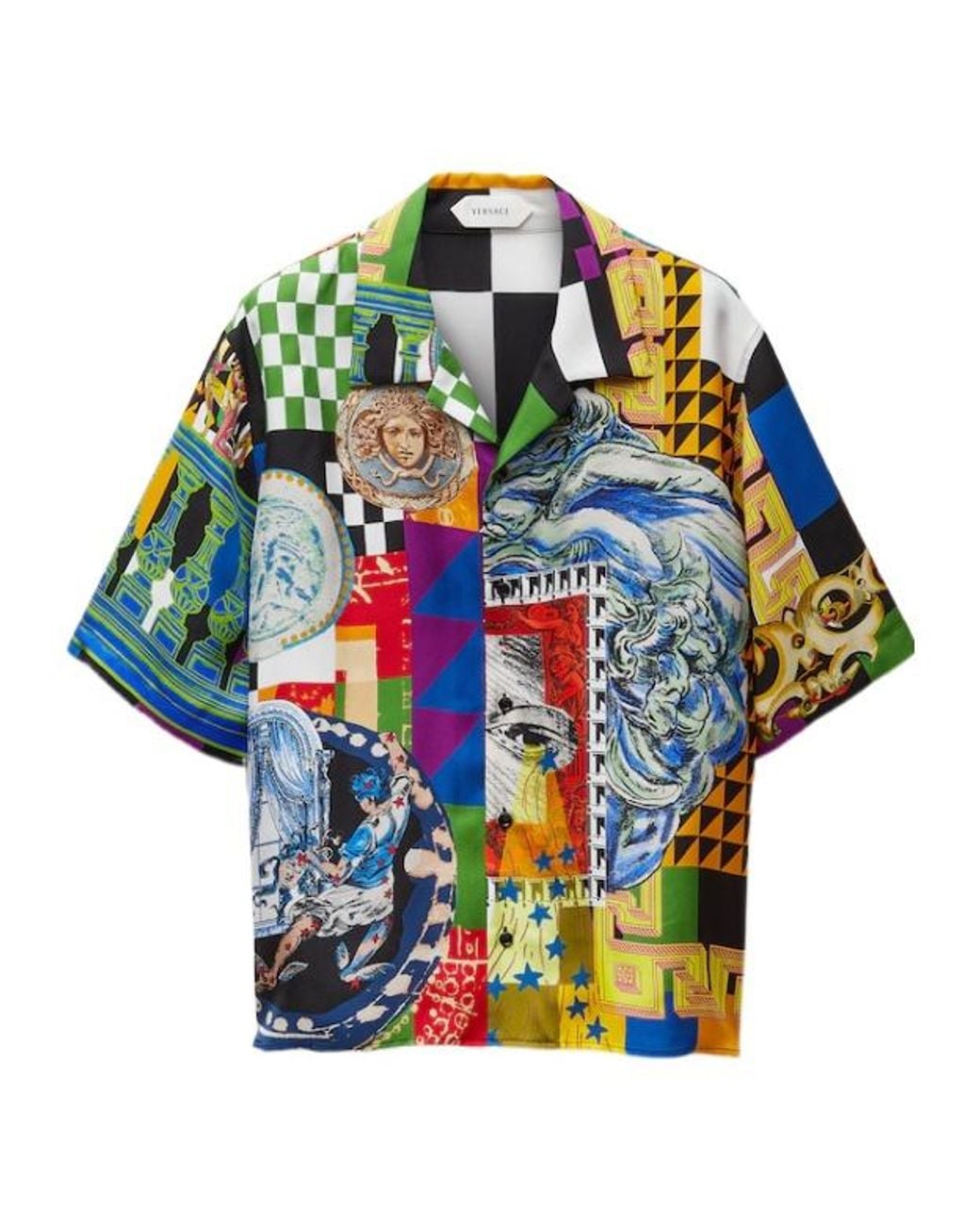 Versace Blue Pattern-Printed Short-Sleeved Twill Shirt for men