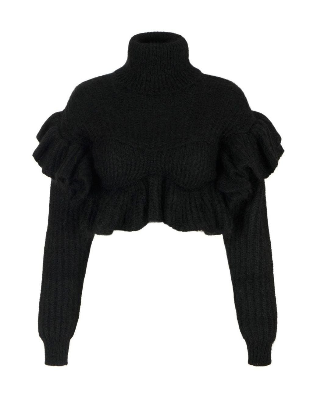 Elisabetta Franchi Black Ruffled Cropped Knitted Sweater