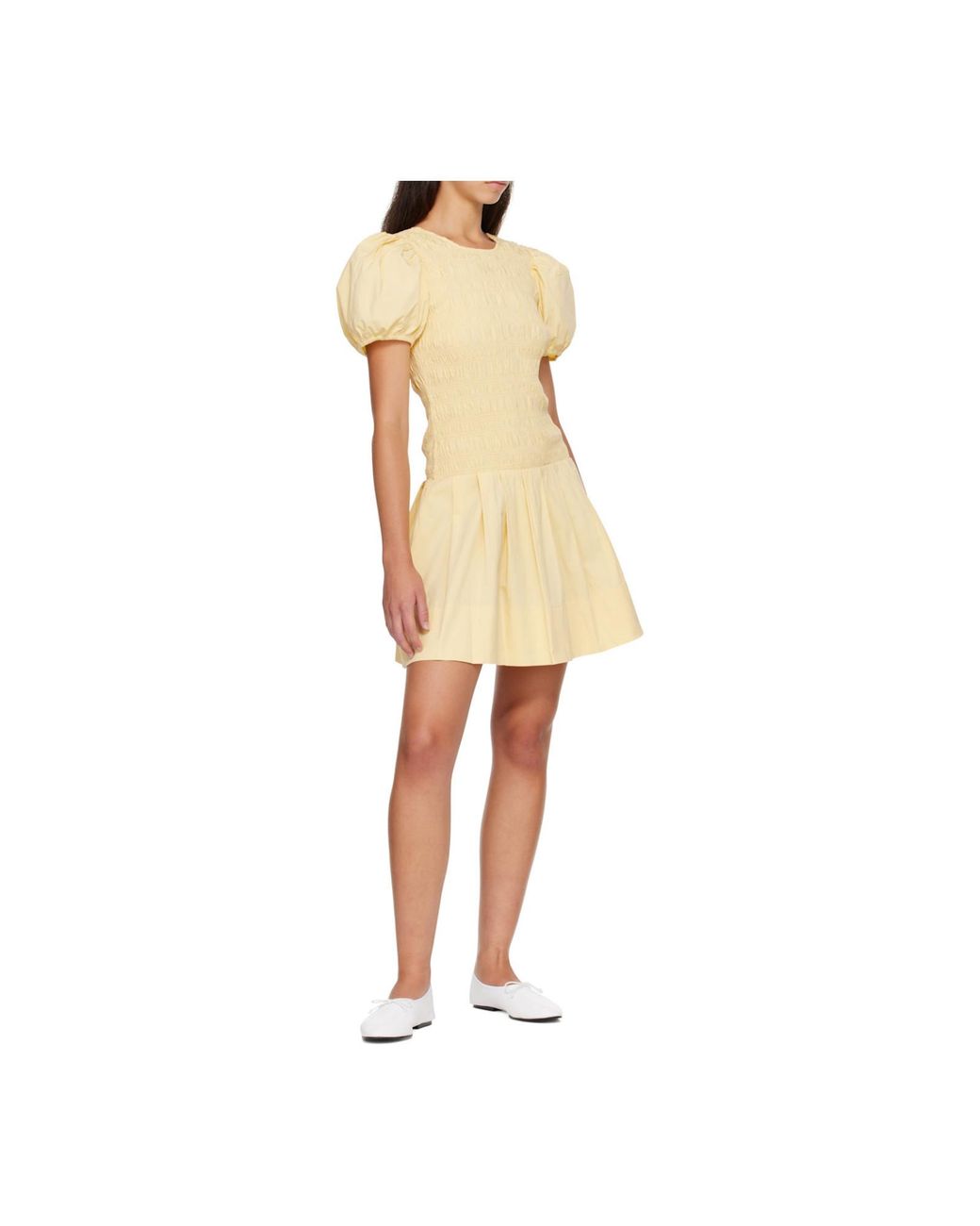 Ganni Yellow Smocked Balloon-Sleeve Mini Dress