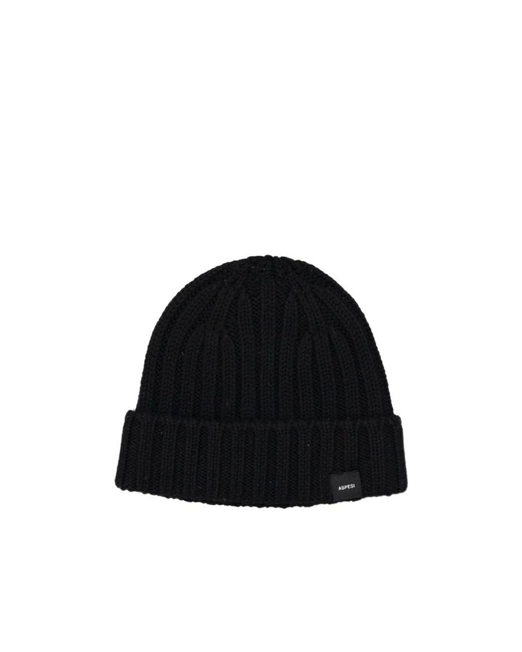 Aspesi Black Logo Patch Rib-Knit Beanie for men