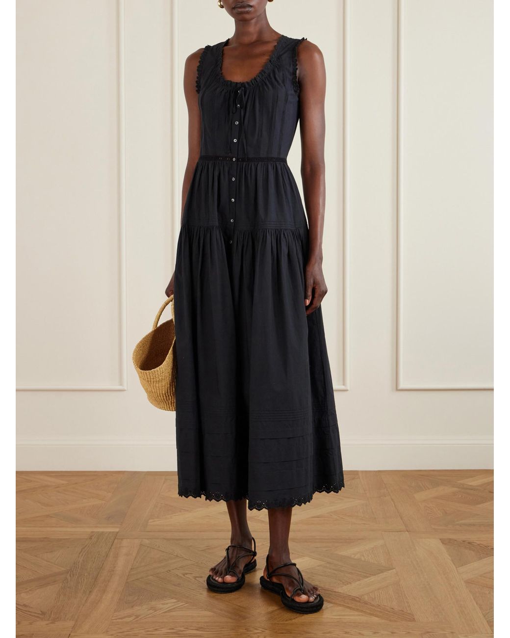 Doen Black Pintucked Embroidered Organic Cotton Midi Dress