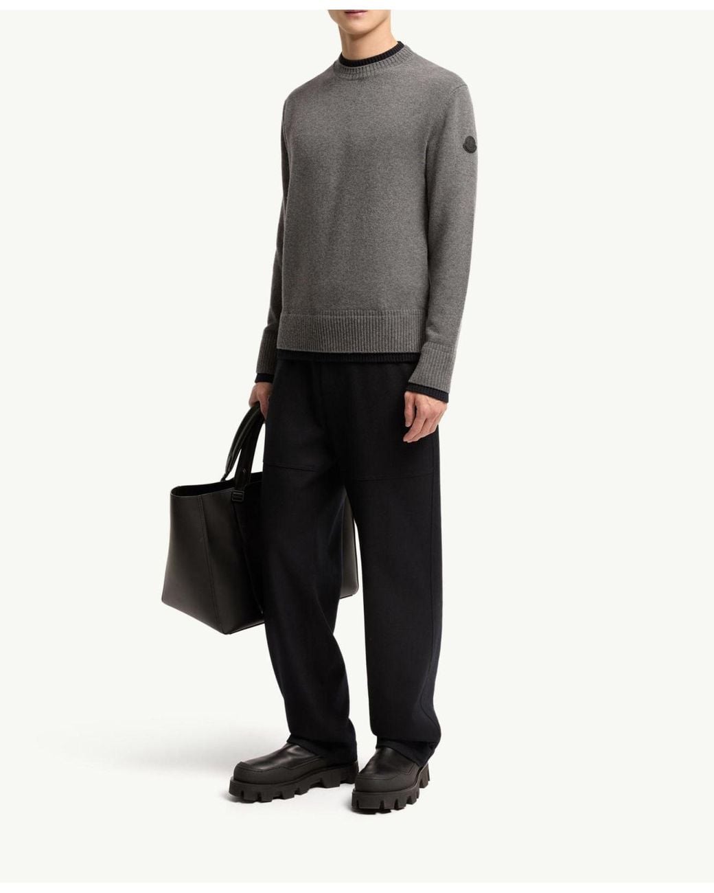 Moncler Gray Leather Logo Wool Cashmere Blend Sweater for men