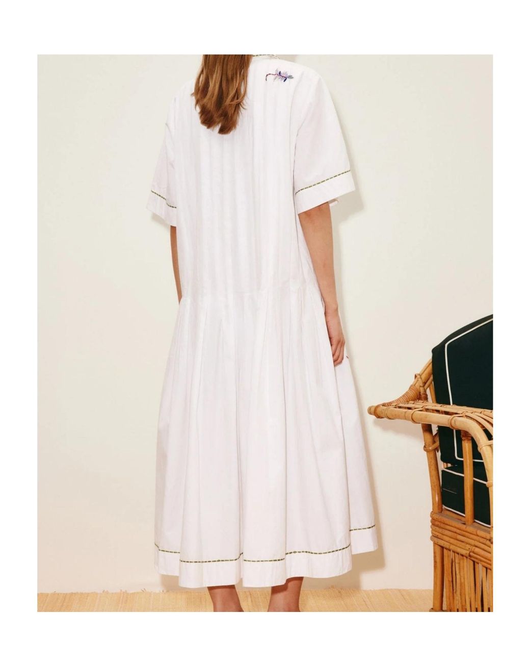 ALÉMAIS White Camelia Embroidered Pleated Shirtdress