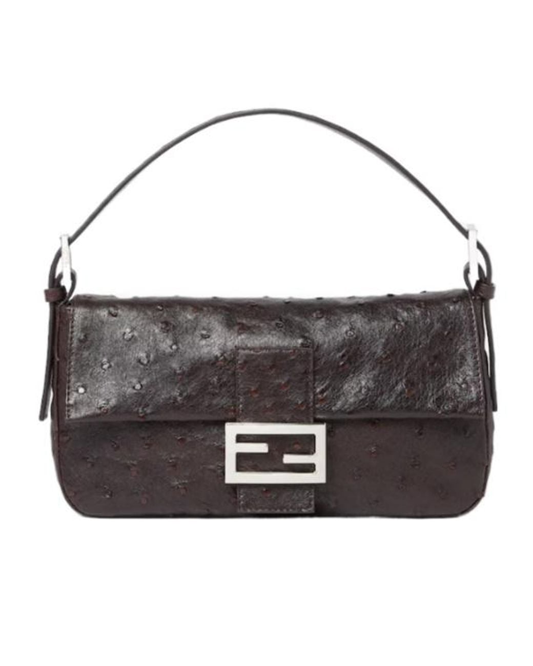 Fendi Black Baguette 26424 Dark Ostrich Leather Bag
