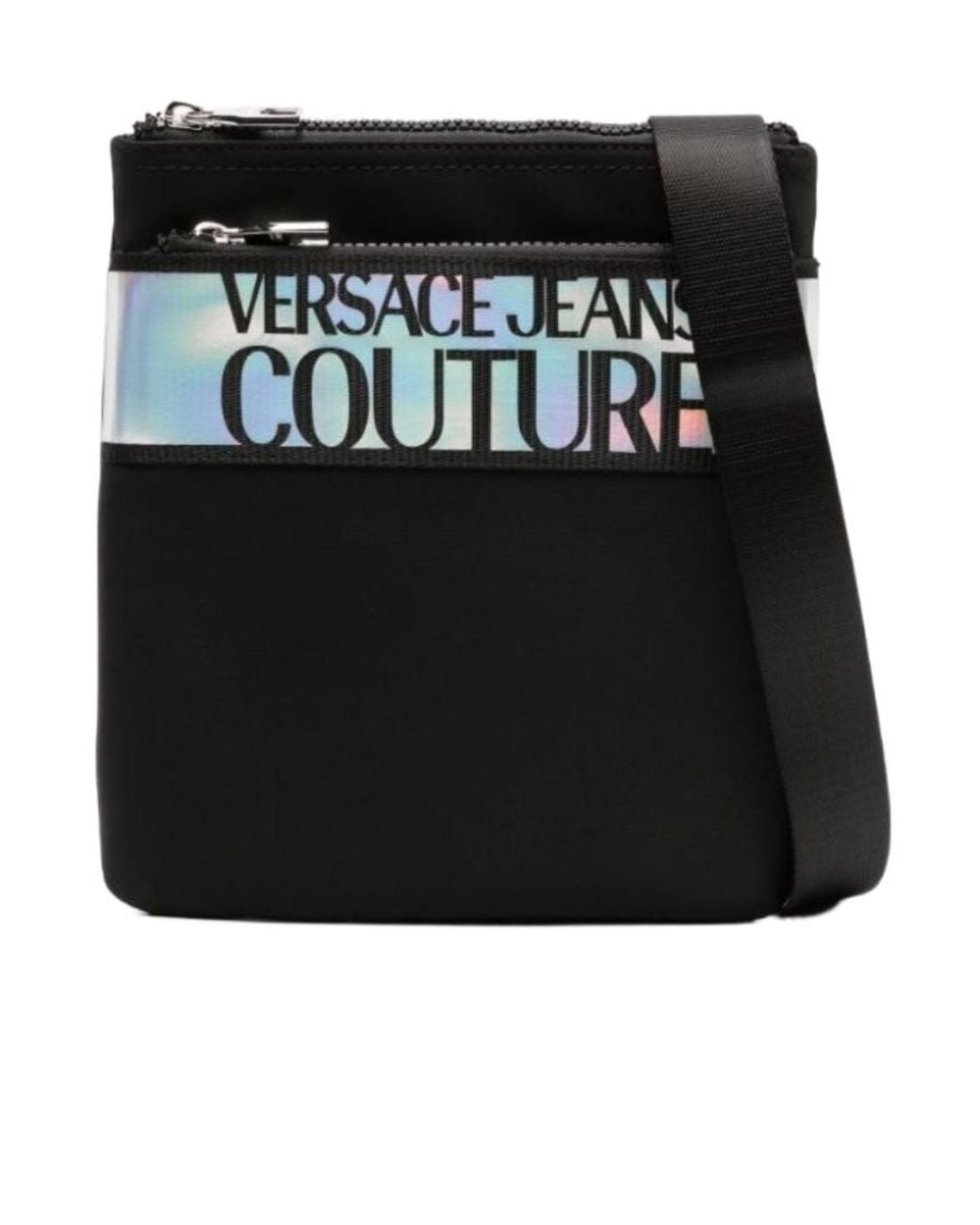 Versace Jeans Black Iridescent Logo-Jacquard Messenger Bag for men