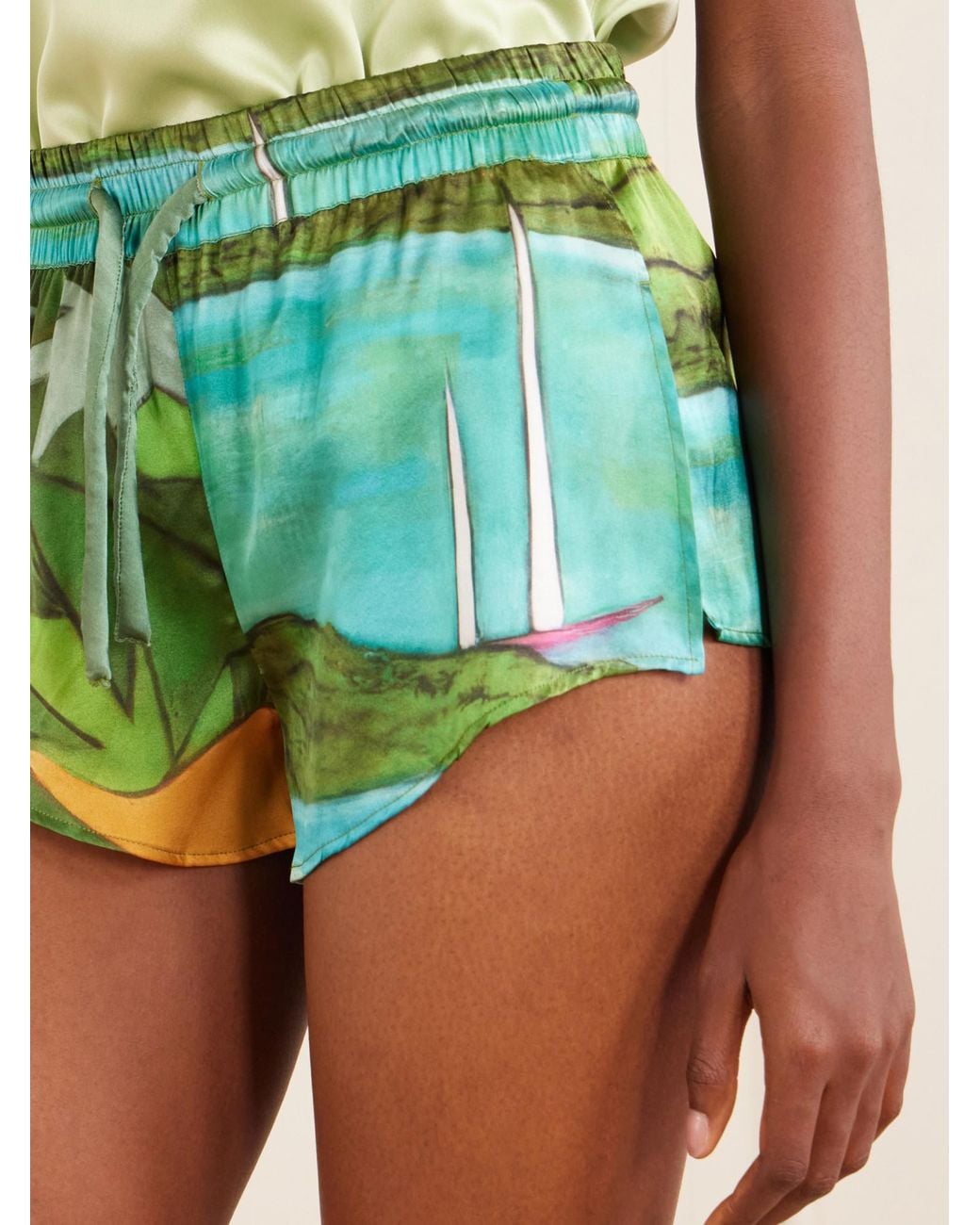 Donde Esteban Green Printed Silk-Blend Satin Mini Shorts