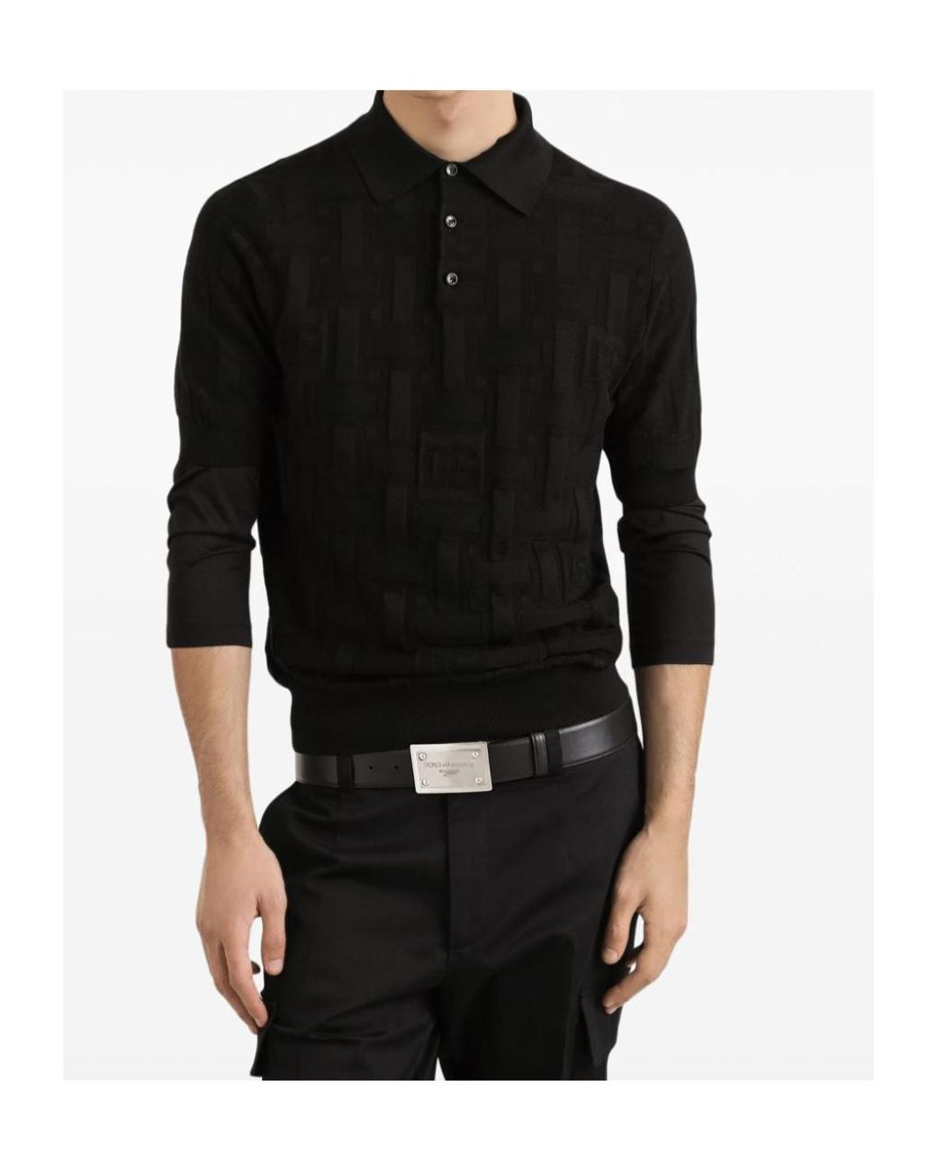 Dolce & Gabbana Black Silk Jacquard Monogram Polo Shirt for men
