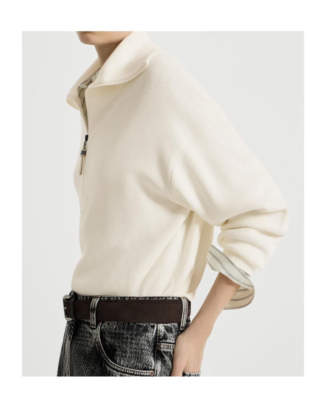 Brunello Cucinelli White Cotton Half-Zip Sweater