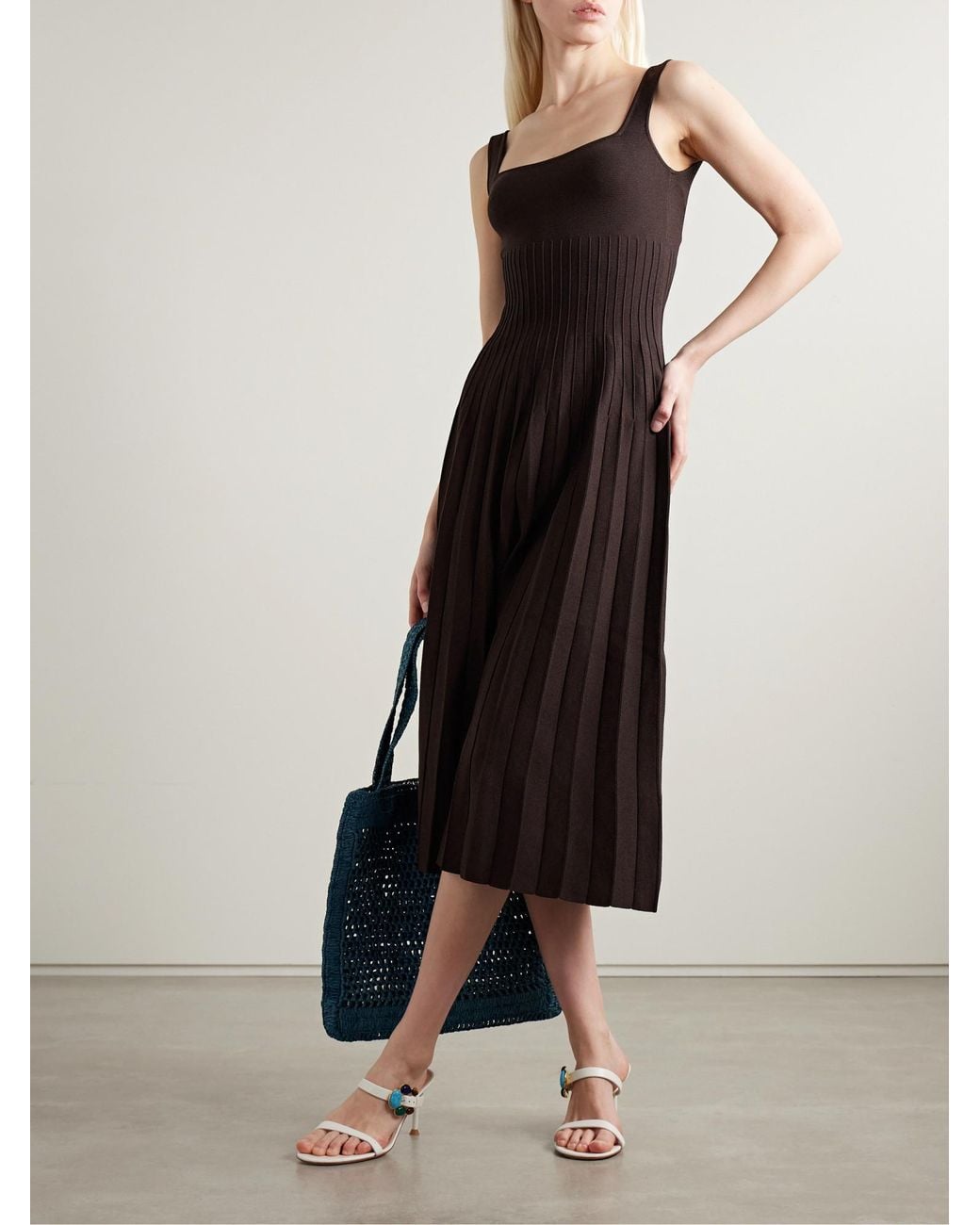 Staud Brown Pleated Ribbed-Knit Midi Dress