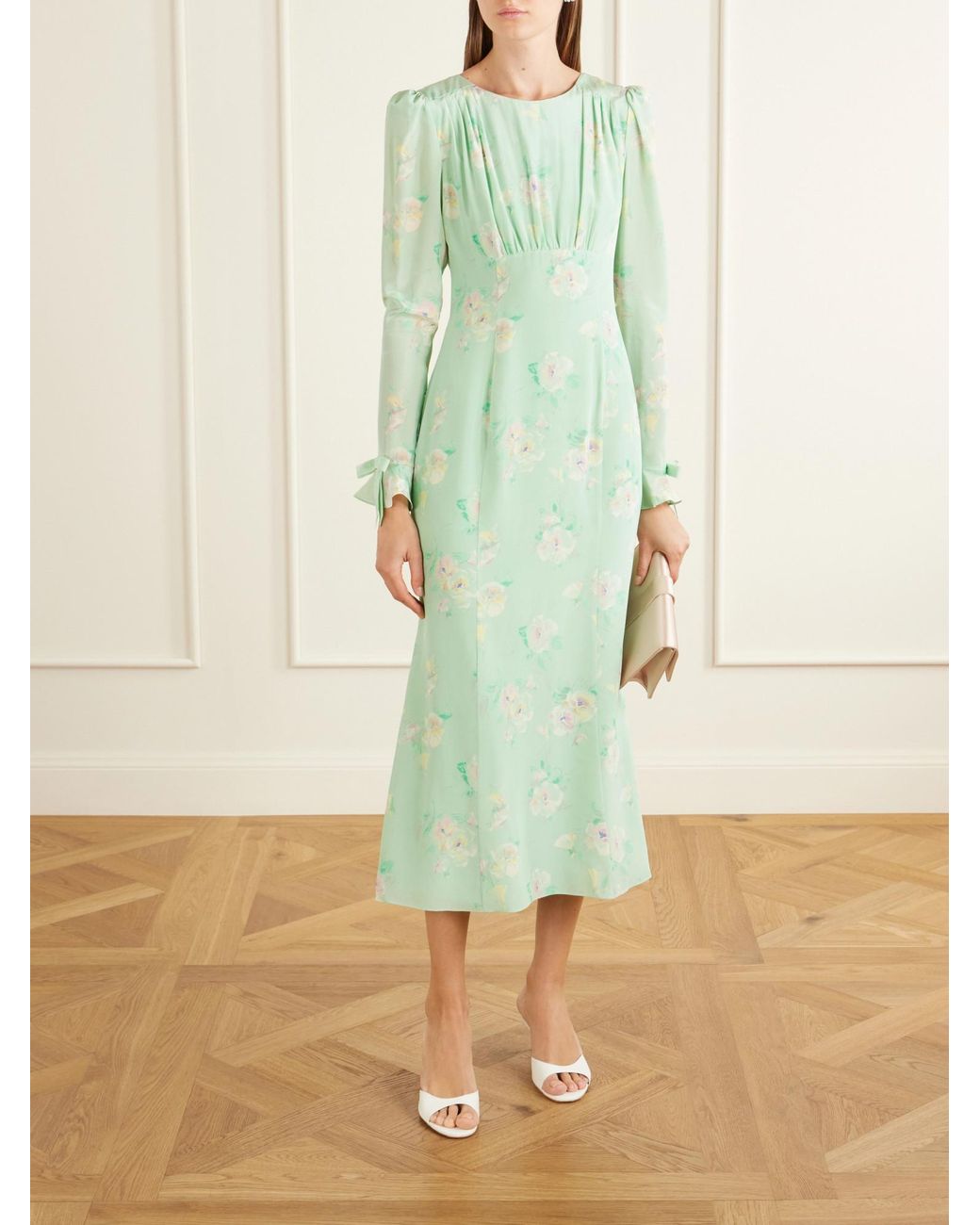 Alessandra Rich Green Floral-Print Silk Midi Dress