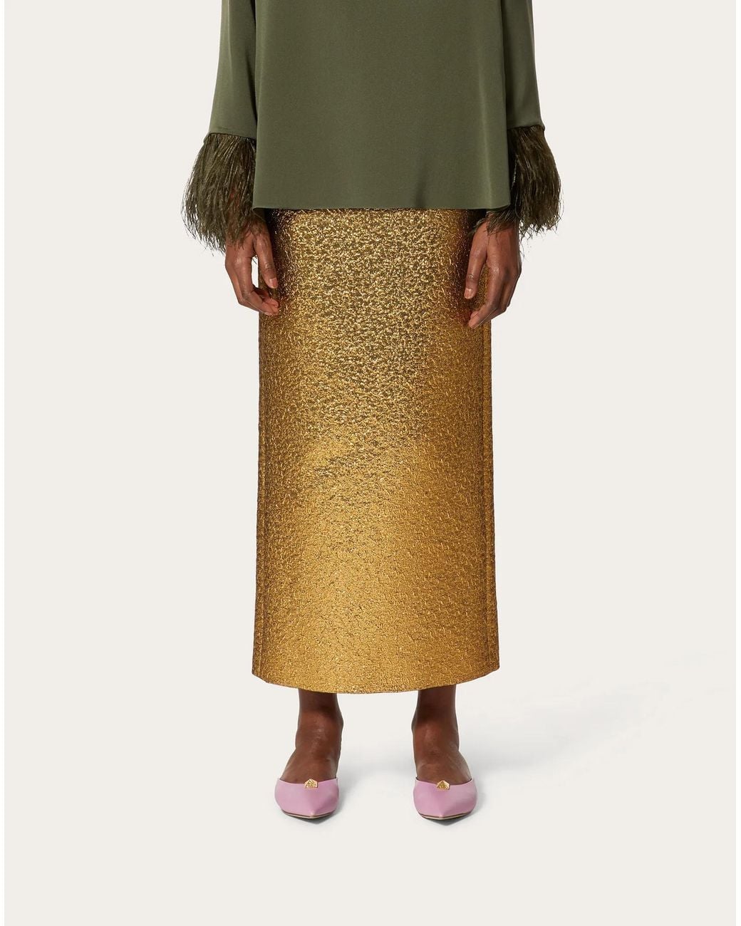 Valentino Natural Metallic Vgold Midi Skirt