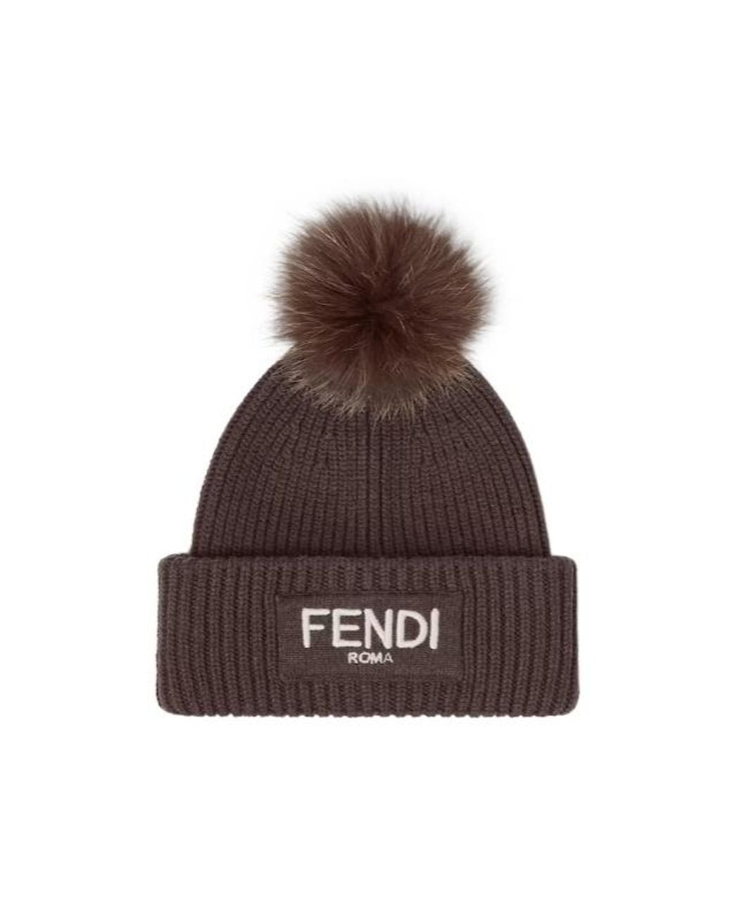 Fendi Brown Logo Embroidered Pompom Detail Beanie