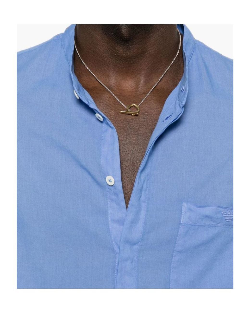 Emporio Armani Blue Mandarin-Collar Chest-Pocket Shirt for men