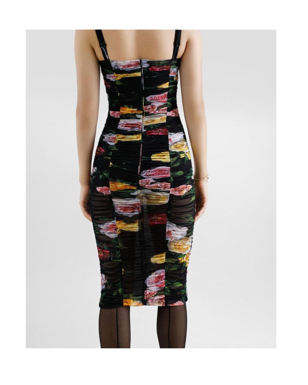 Dolce & Gabbana Black Floral Printed Tulle Calf-Length Slip Dress
