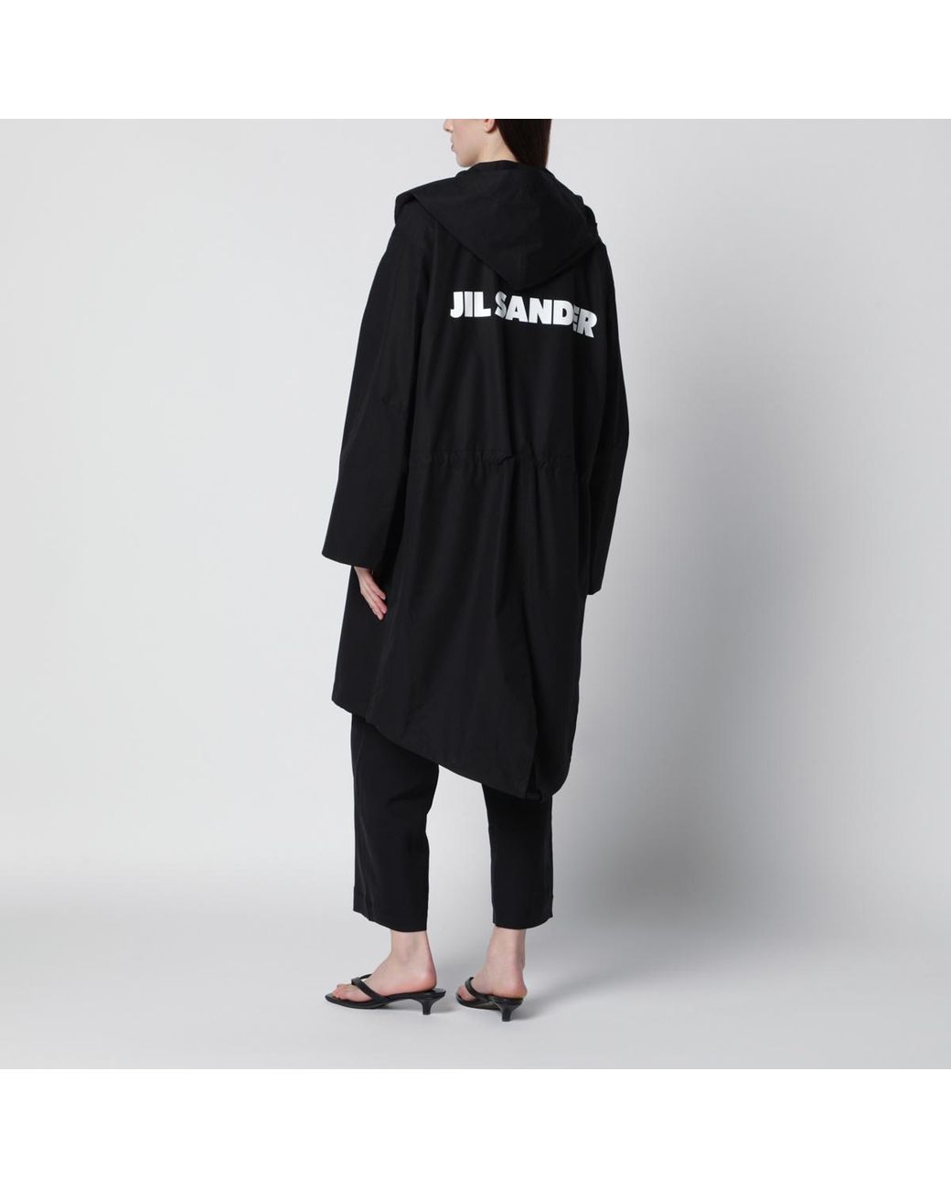 Jil Sander Black Logo Printed Drawstring Coat