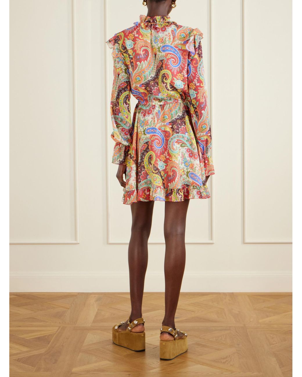 Etro Red Ruffled Paisley-Print Chiffon Mini Dress