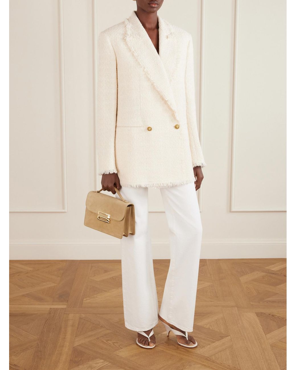 Balmain White Double-Breasted Fringed Trim Jacket