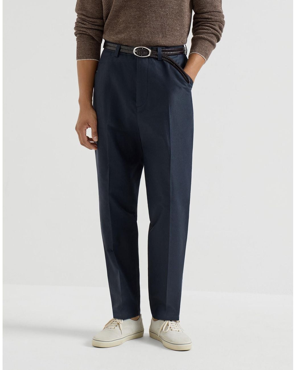 Brunello Cucinelli Blue Cotton-Linen Panama Trousers for men