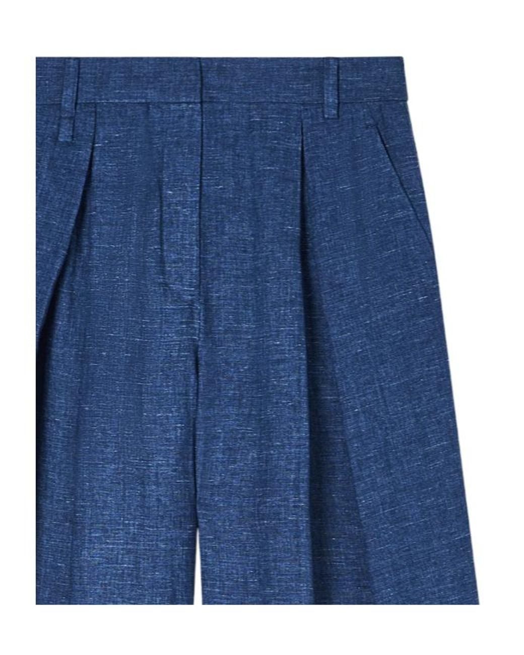Emporio Armani Blue Icon Linen Chambray Trousers With Godet Pleats