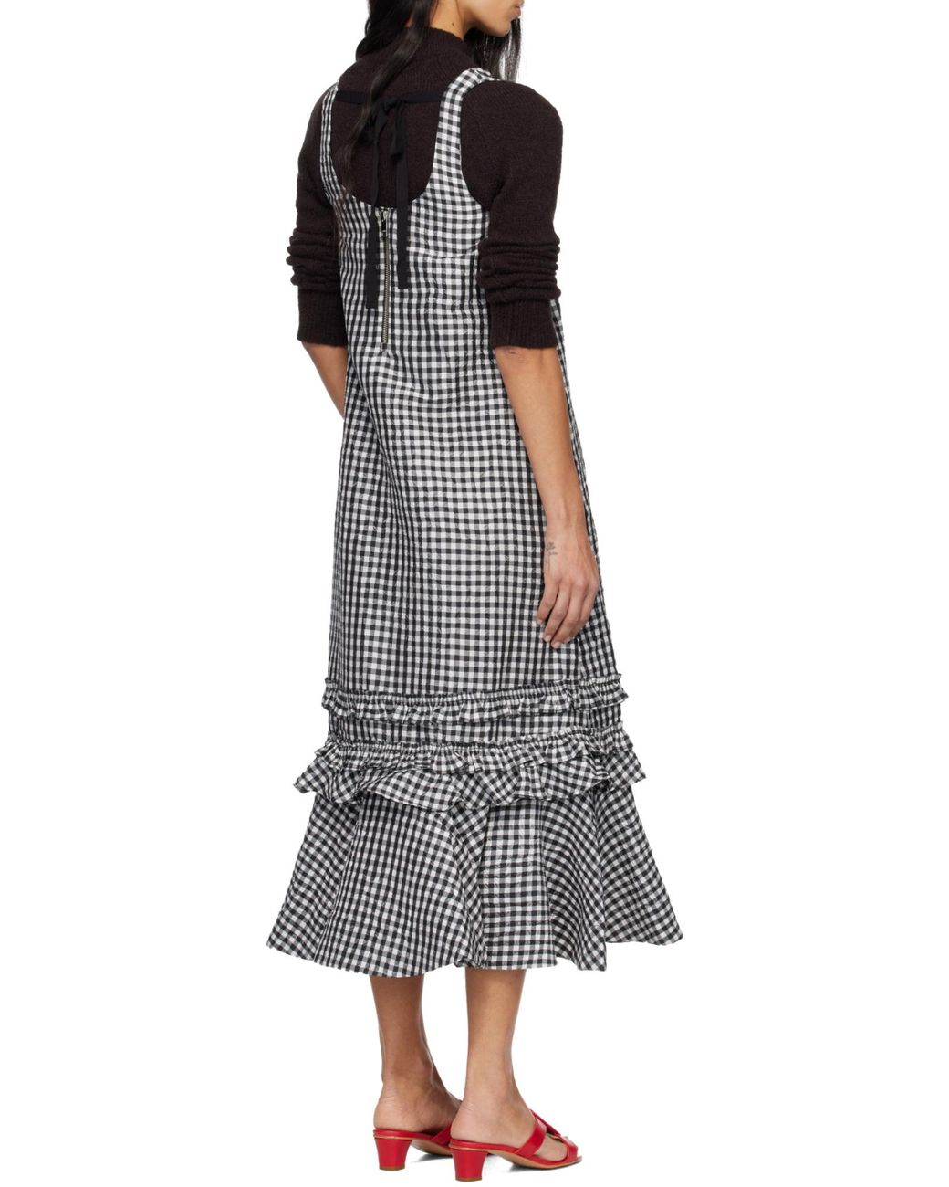Ganni Gray Checked Sleeveless Midi Dress