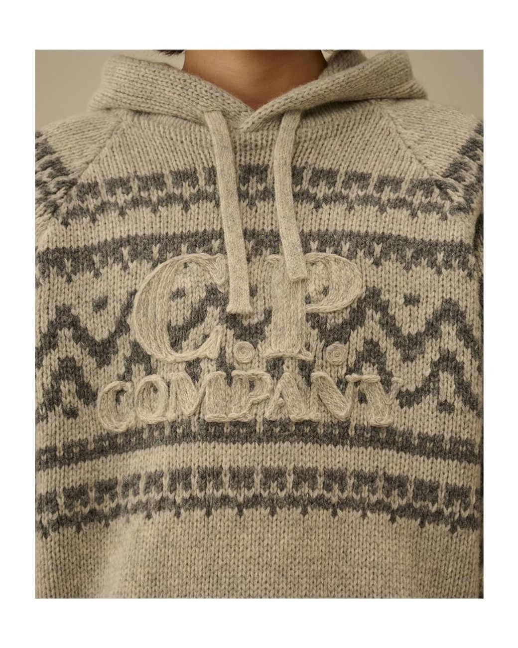 C P Company Gray Jacquard Wool Hooded Sweater for men