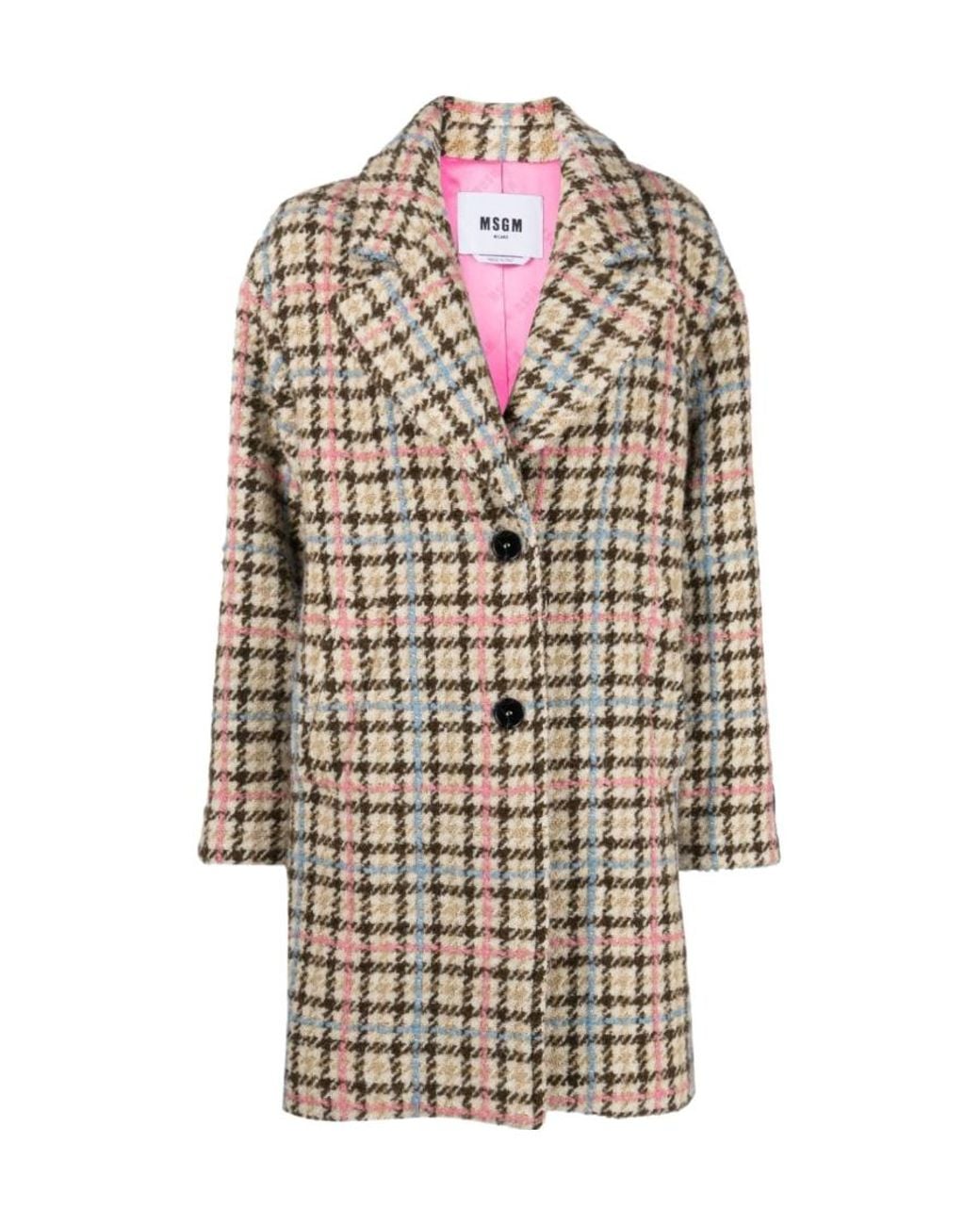 MSGM White Houndstooth-Pattern Long Sleeved Buttoned Coat