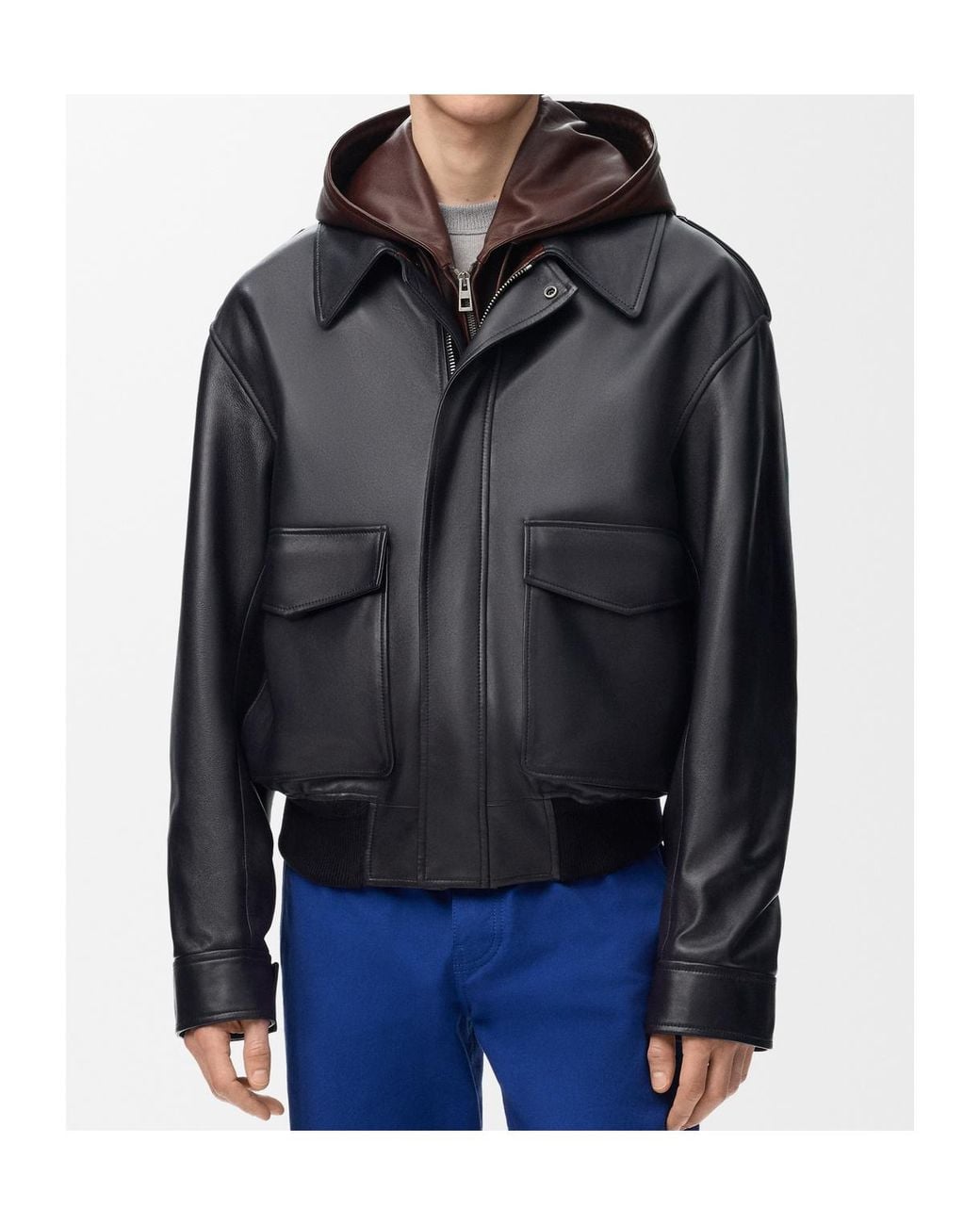 Loewe Black Hooded Leather Jacket for men