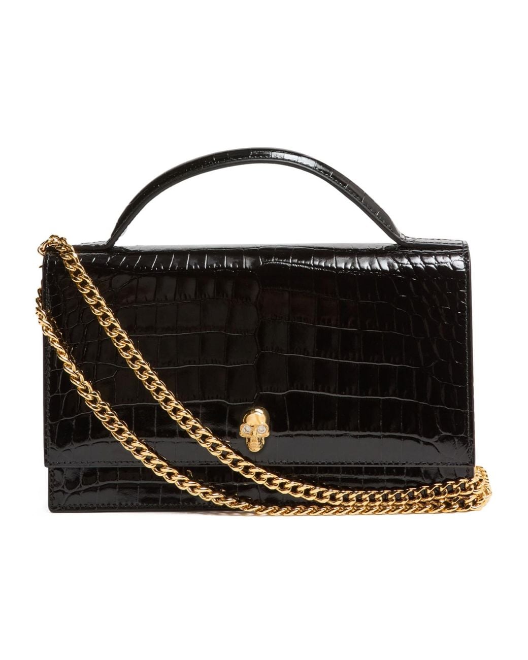 McQueen Black Crocembossed Shoulder Bag