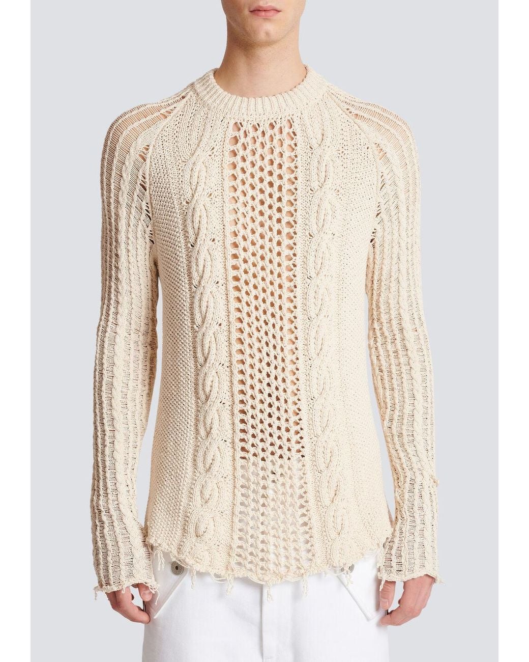 Balmain White Distressed Cable-Knit Jumper for men