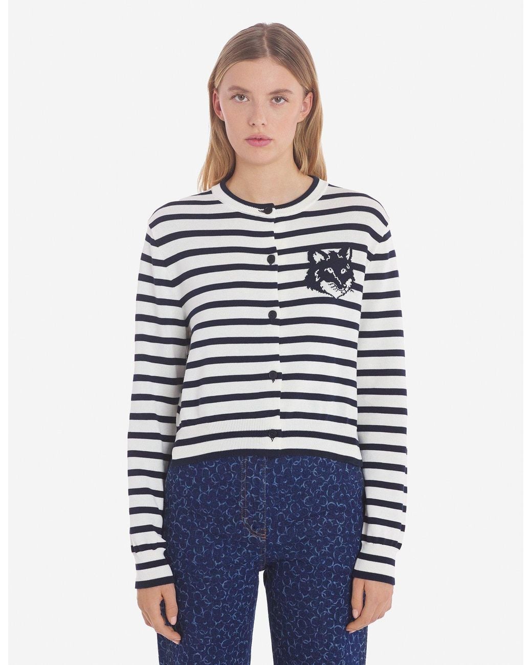 Maison Kitsuné White Round-Collar And Long-Sleeved Knitted Cardigan