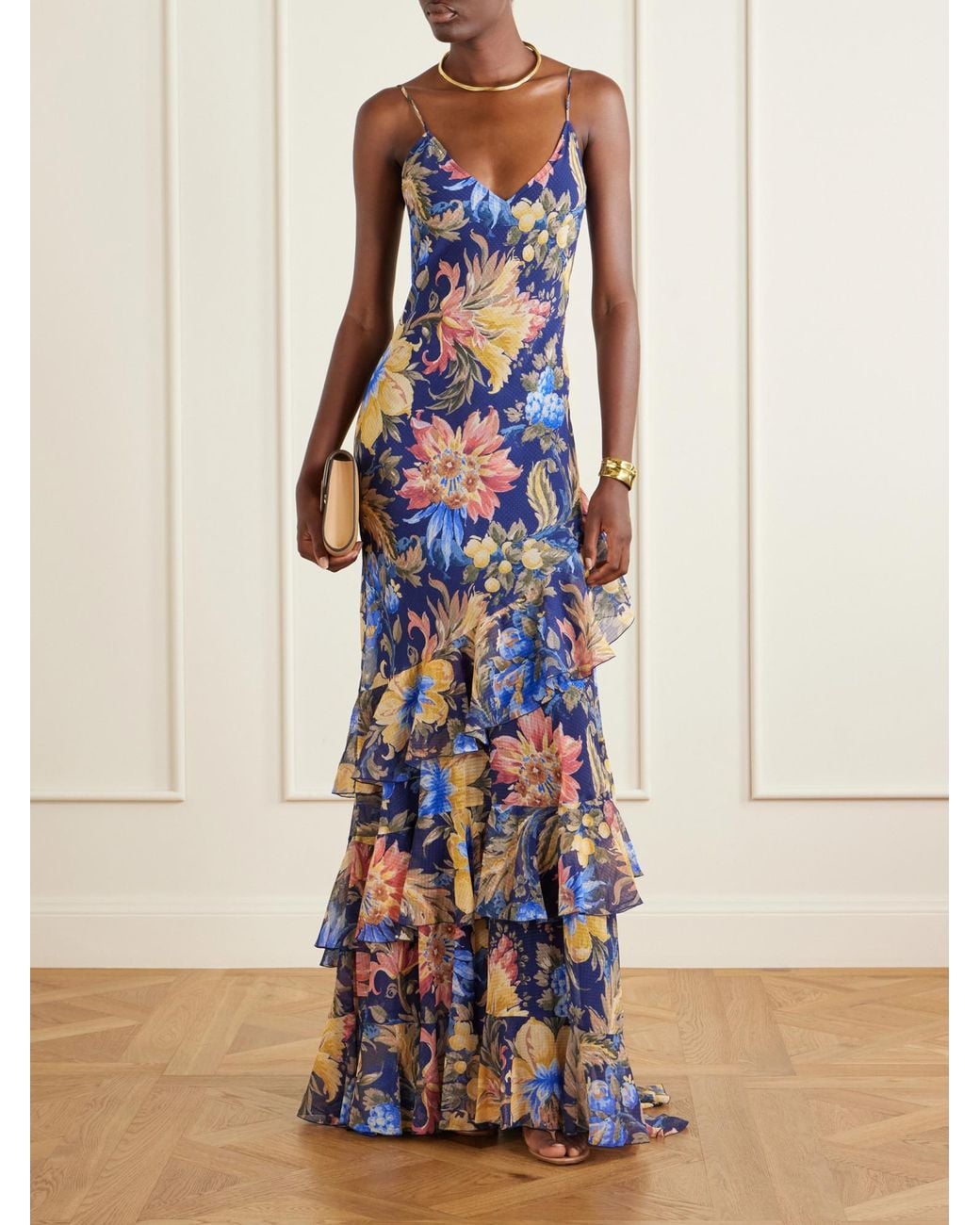 Etro Blue Floral-Print Ruffled Crepon Maxi Dress