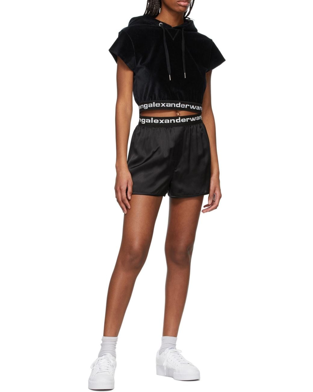 Alexander Wang Black Cropped Drawstring Corduroy Hoodie