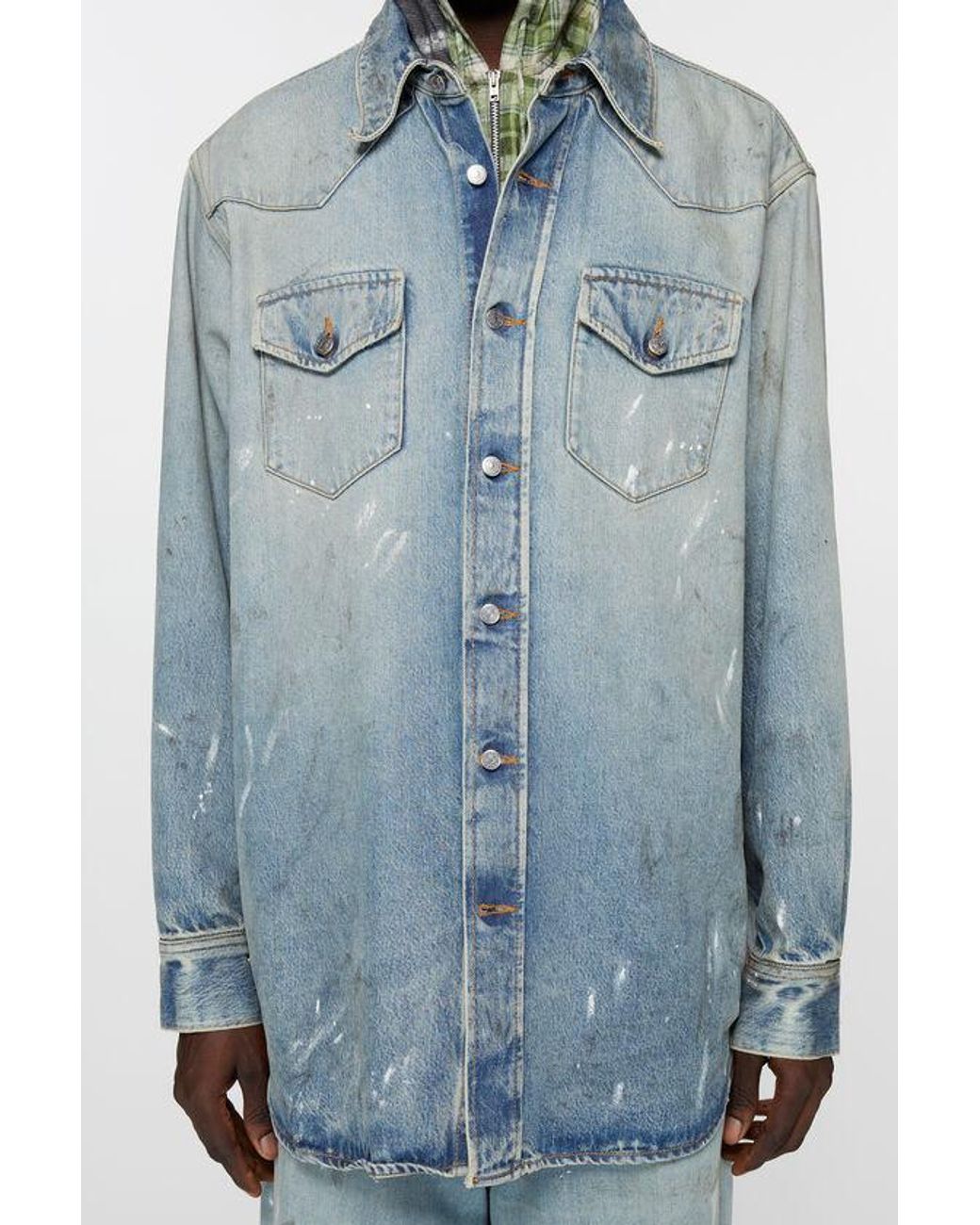 Acne Blue Paint Printed Denim Shirt for men
