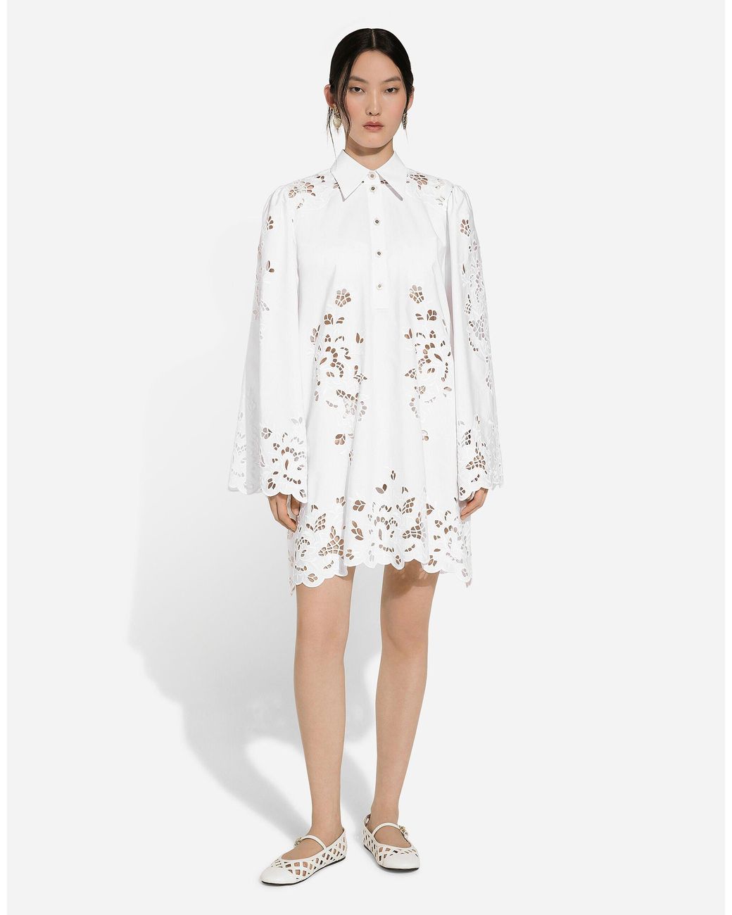 Dolce & Gabbana White Cut-Out Embroidered Poplin Shirt Dress