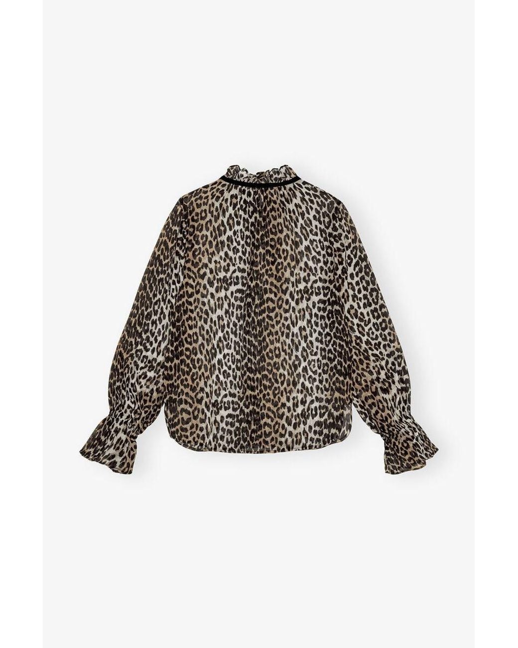 Ganni Gray Leopard Printed Chiffon Tie String Shirt