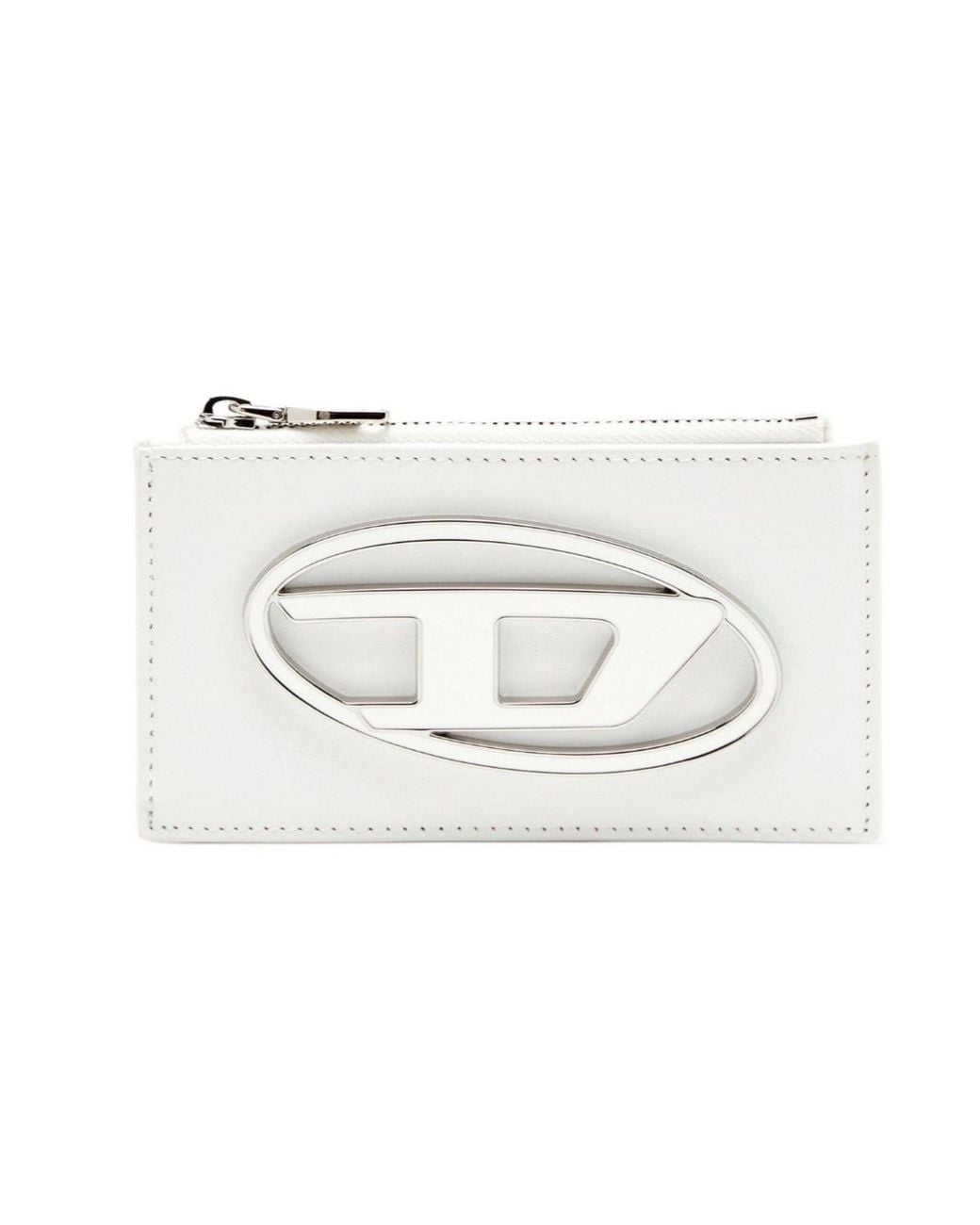 DIESEL White Glossy Leather Zip Card Holder