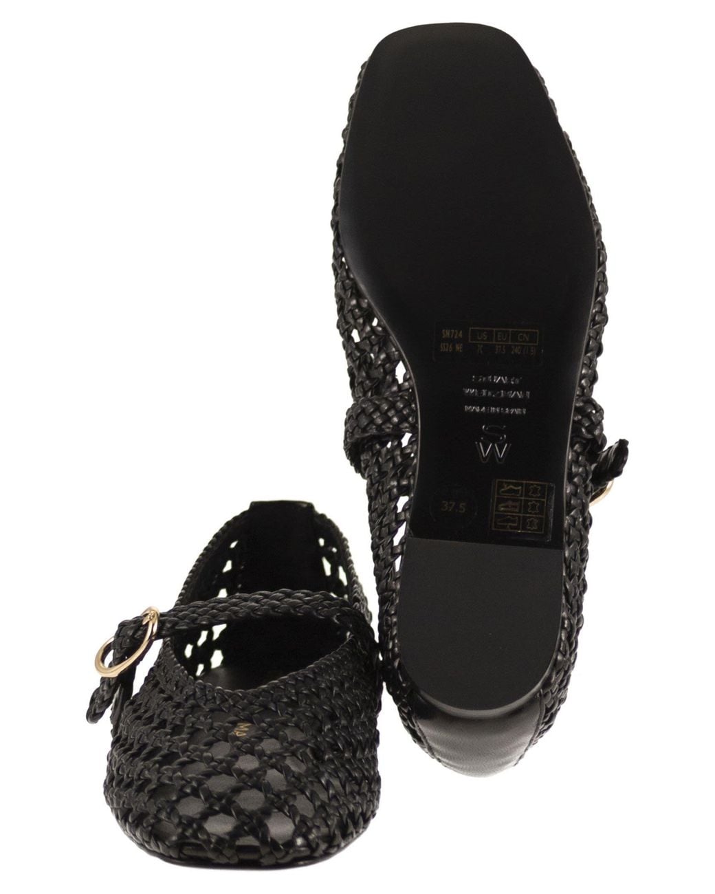 Stuart Weitzman Black Woven Nappa Leather Flats With Strap