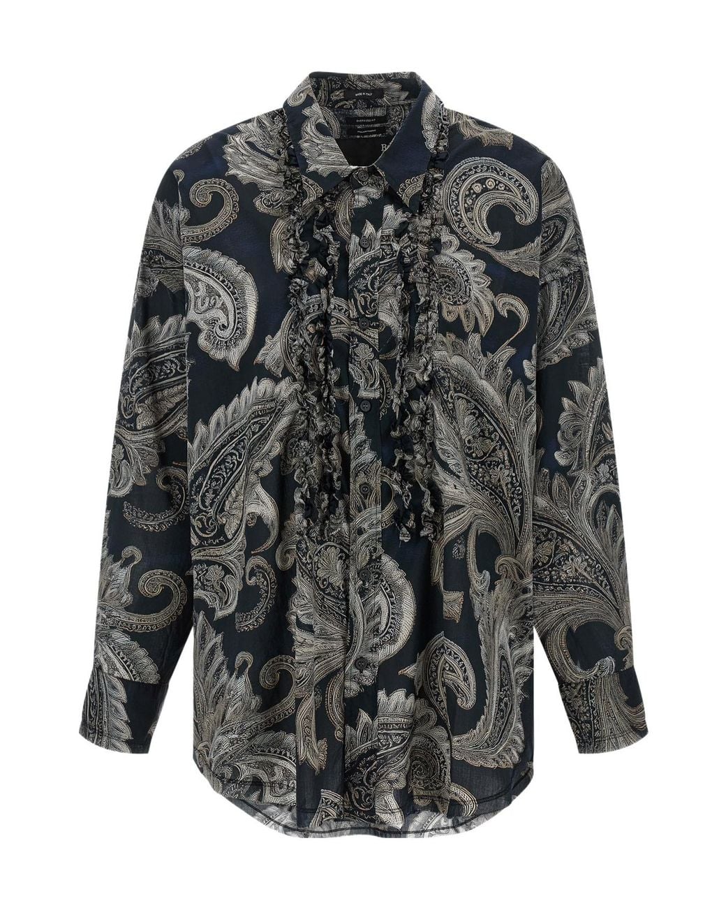 R13 Gray Ruffled Paisley-Print Shirt