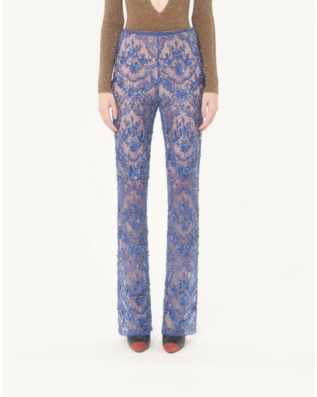 Valentino Blue Embroidered Lace Pants