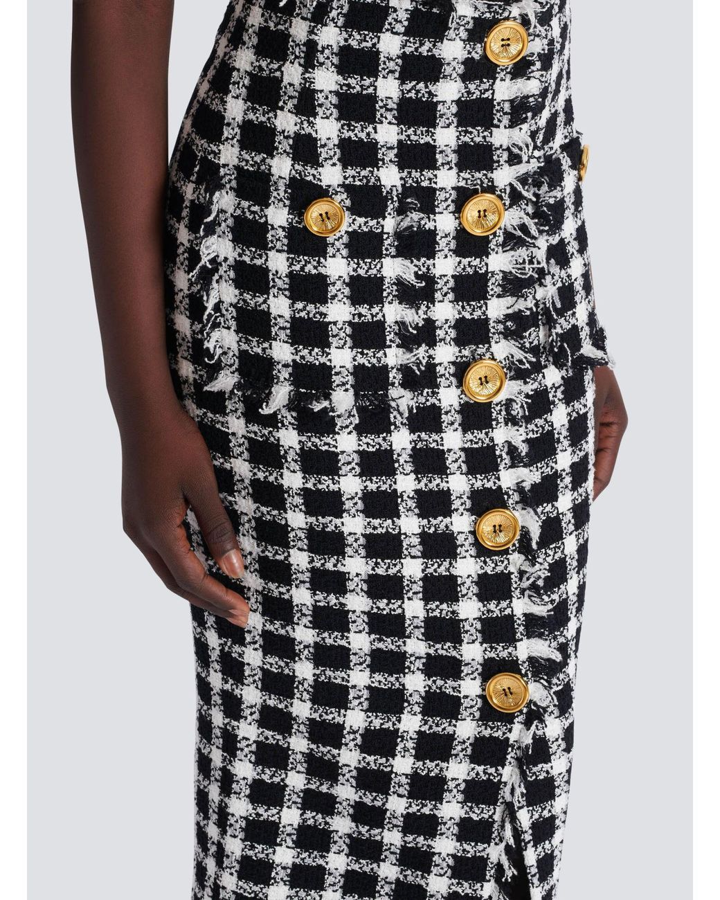 Balmain Black Gingham Tweed Long Skirt