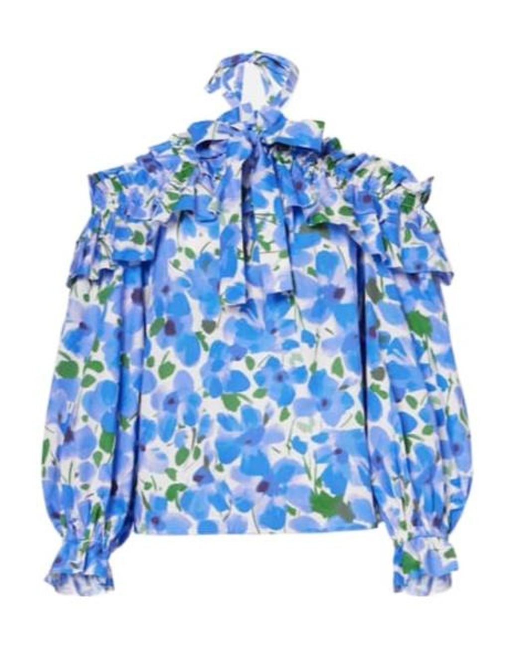 Carolina Herrera Blue Floral Off-Shoulder Cotton-Blend Top