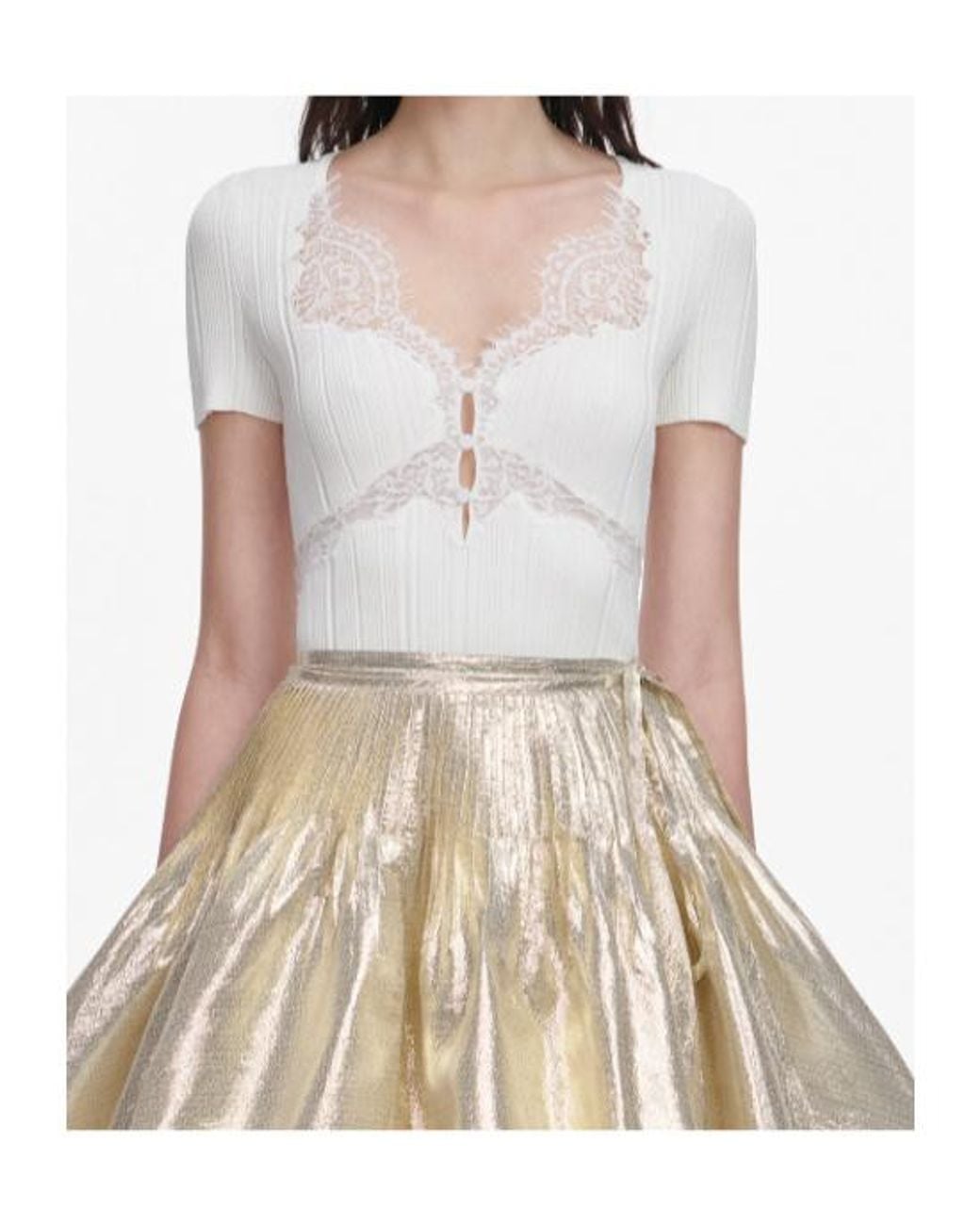 Self-Portrait White Ribbed Lace Trim Top