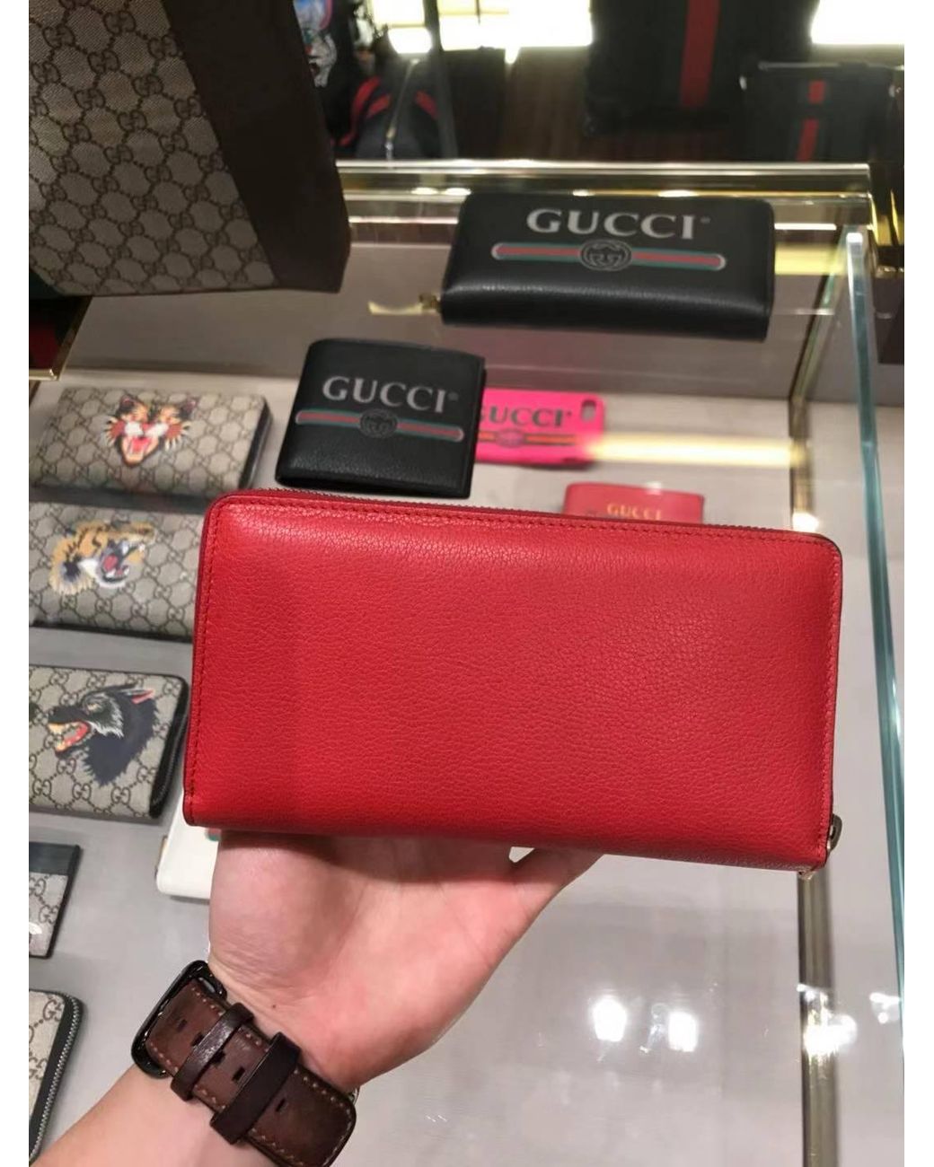 Gucci Red Print Leather Zip Around Wallet