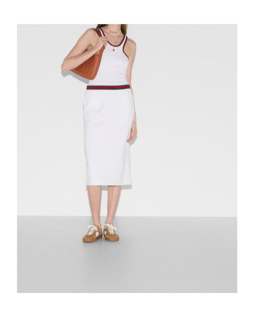 Gucci White Rear Slit Web Stripe Detailed Midi Skirt