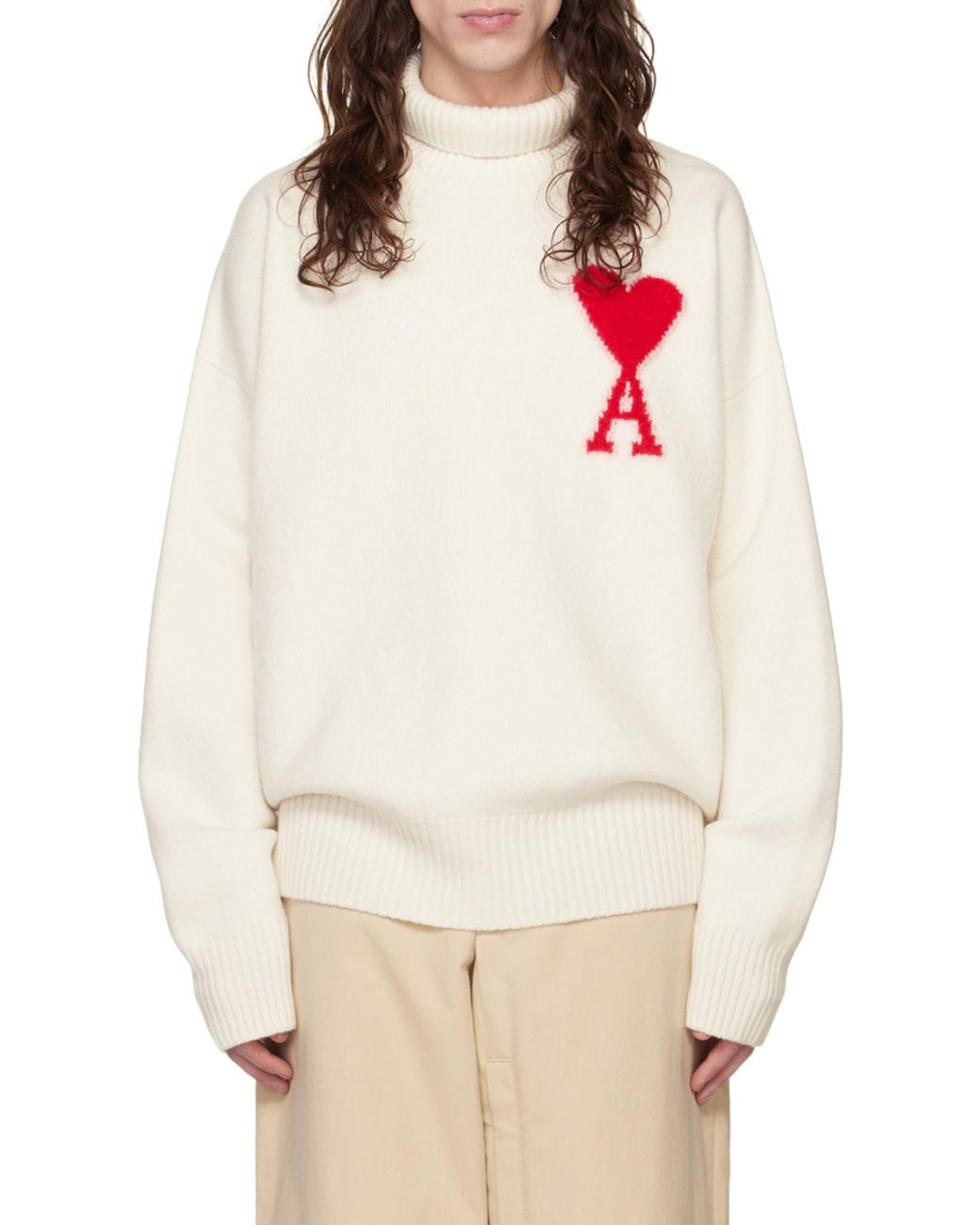 AMI White Heart-Shaped Knitted Sweater for men