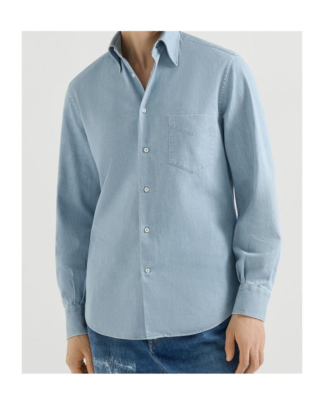 Brunello Cucinelli Blue Lightweight Denim Shirt With Italian Collar And Chest Pocket for men