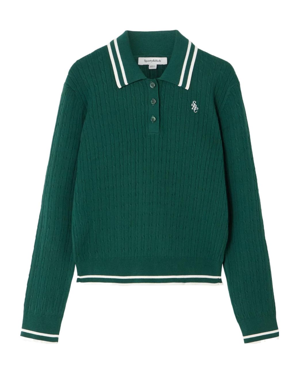 Sporty & Rich Green Embroidered Striped Cable-Knit Polo Shirt