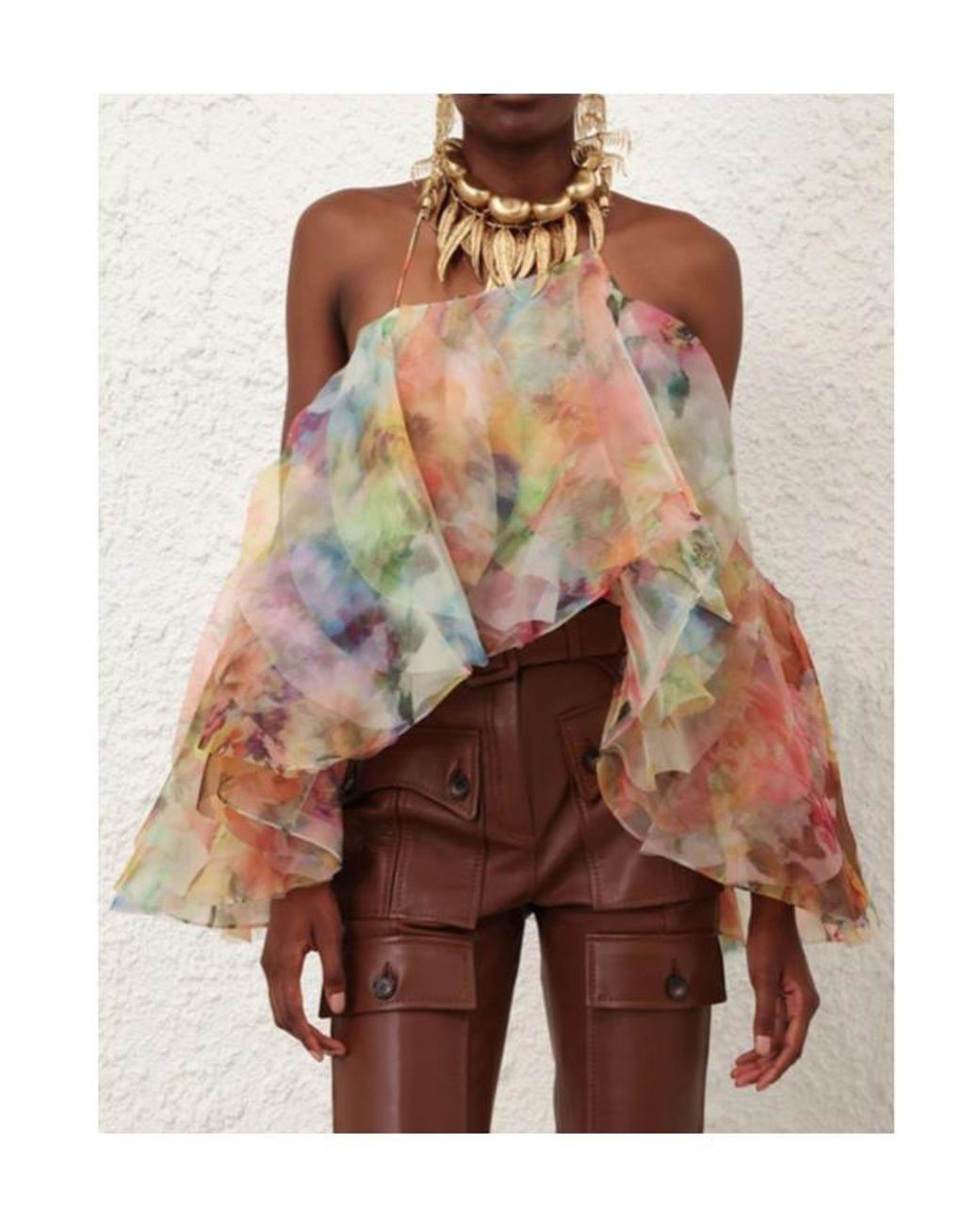 Zimmermann Multicolor Luna Ruffled Off-Shoulder Top